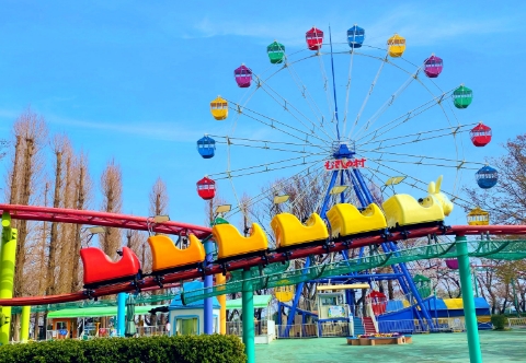 「むさしの村」の園内風景。青空の下、カラフルなゴンドラの観覧車と、手前を走る黄色や赤のジェットコースター。
